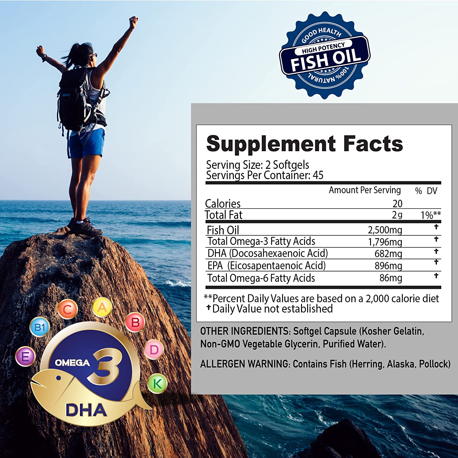 Picture of New Age Omega3 Fish Oil 2500mg - 90 Softgels (Non GMO - EPA, DHA Fatty Acids Gluten Free - Omega 3, Promotes Joint, Eye & Skin Health)
