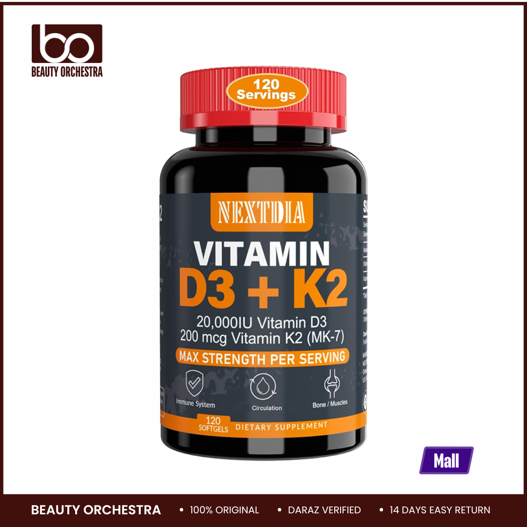 Picture of Nextdia Vitamin D3 20,000 IU + Vitamin K2 (MK7)200mcg - Optimal Vitamin D3 & K2 - Strong Bones & Muscle, Calcium Absorption & Immune Support, Helping Vitamin D Deficiencies 120 Soft gel