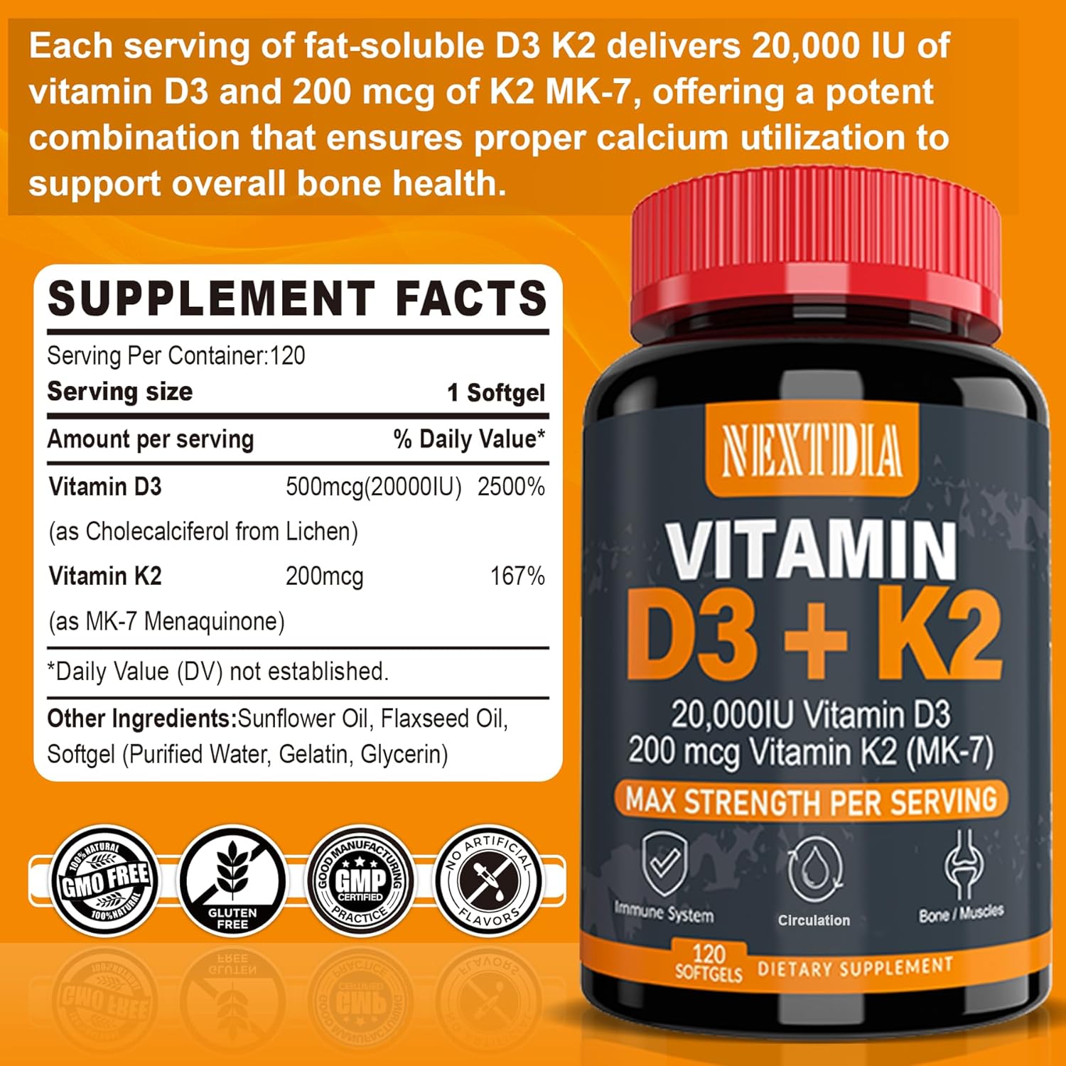 Picture of Nextdia Vitamin D3 20,000 IU + Vitamin K2 (MK7)200mcg - Optimal Vitamin D3 & K2 - Strong Bones & Muscle, Calcium Absorption & Immune Support, Helping Vitamin D Deficiencies 120 Soft gel