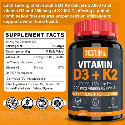 Picture of Nextdia Vitamin D3 20,000 IU + Vitamin K2 (MK7)200mcg - Optimal Vitamin D3 & K2 - Strong Bones & Muscle, Calcium Absorption & Immune Support, Helping Vitamin D Deficiencies 120 Soft gel