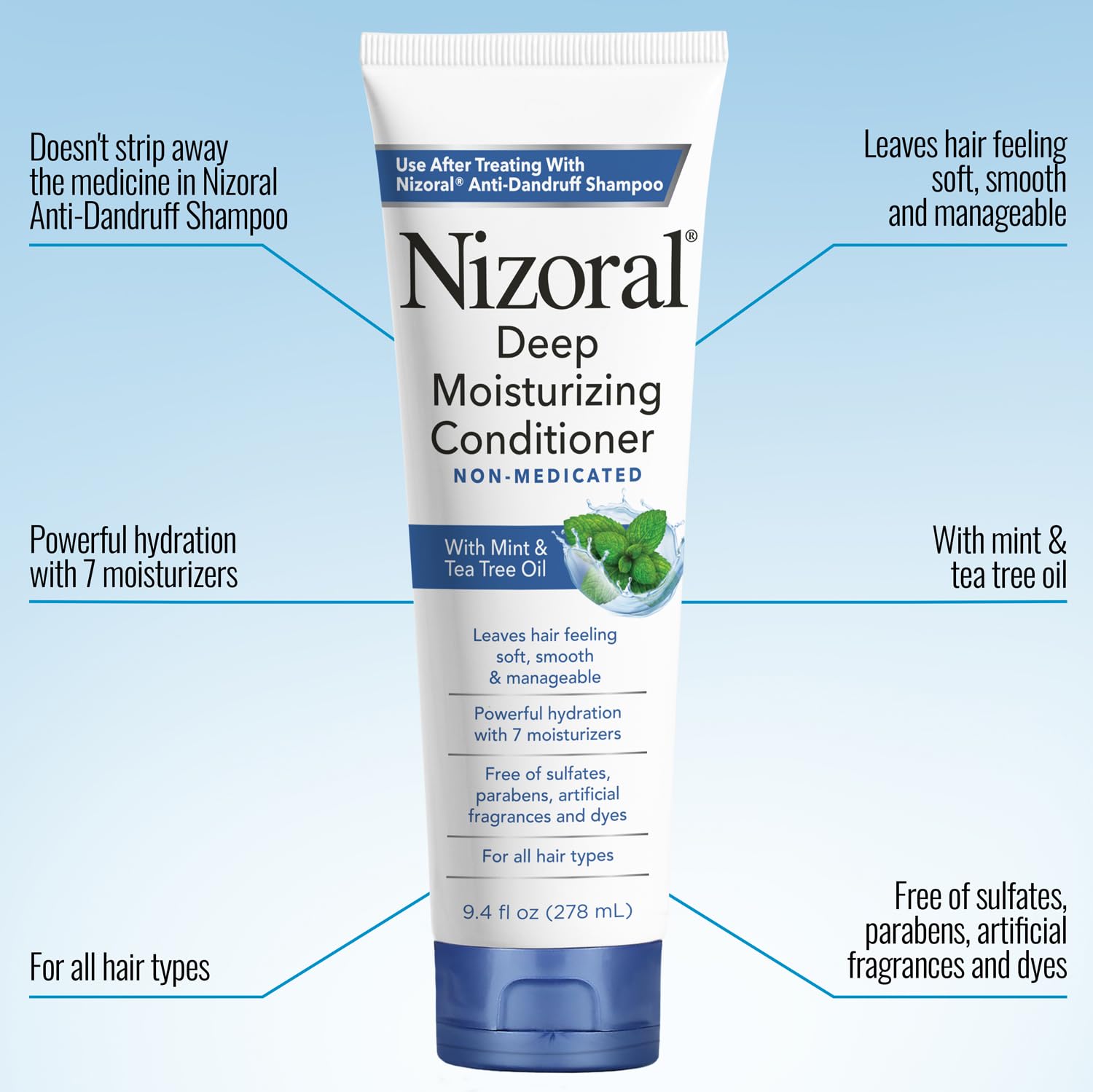 Picture of Nizoral Deep Moisturizing Conditioner with Mint & Tea Tree Oil for All Hair Types - Free of Sulfates, Parabens, Artificial Fragrances and Dyes, 9.4 oz (278 ml)