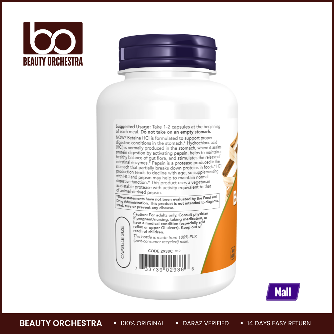 Picture of NOW Betaine HCl 648 mg - 120 Veg Capsules (Betaine HCI, Vegetarian Formula, Digestive Support)