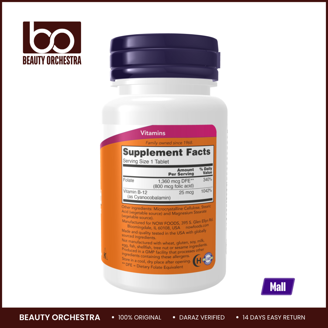 Picture of NOW Folic Acid 800 mcg With Vitamin B-12 - 250 Tablets