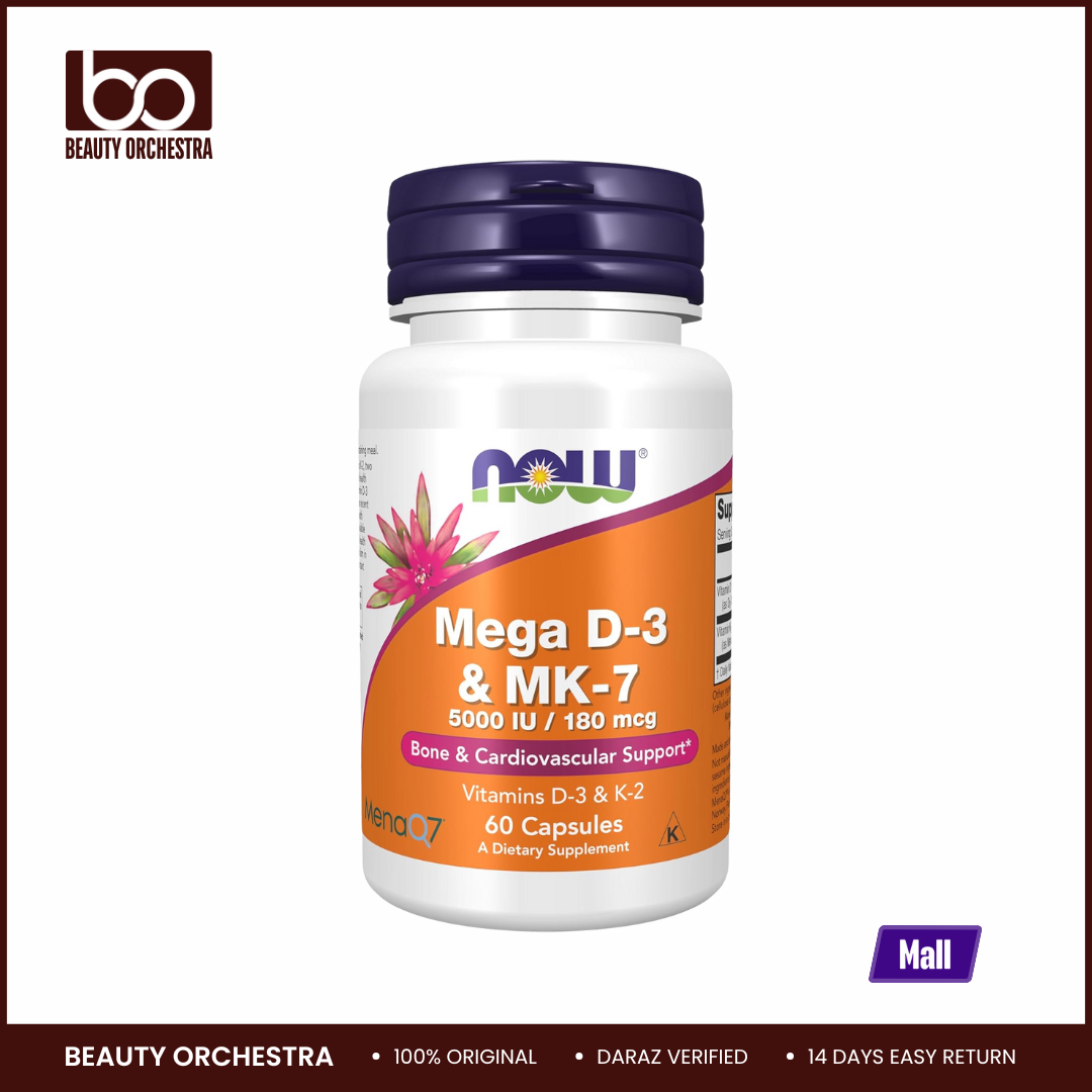 Picture of NOW Mega D-3 & MK-7 with Vitamins D-3 & K-2, 5,000 IU/180 mcg, Bone & Cardiovascular Support 60 Veg Capsules