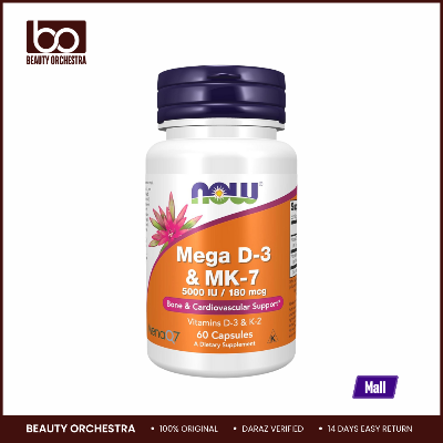 Picture of NOW Mega D-3 & MK-7 with Vitamins D-3 & K-2, 5,000 IU/180 mcg, Bone & Cardiovascular Support 60 Veg Capsules