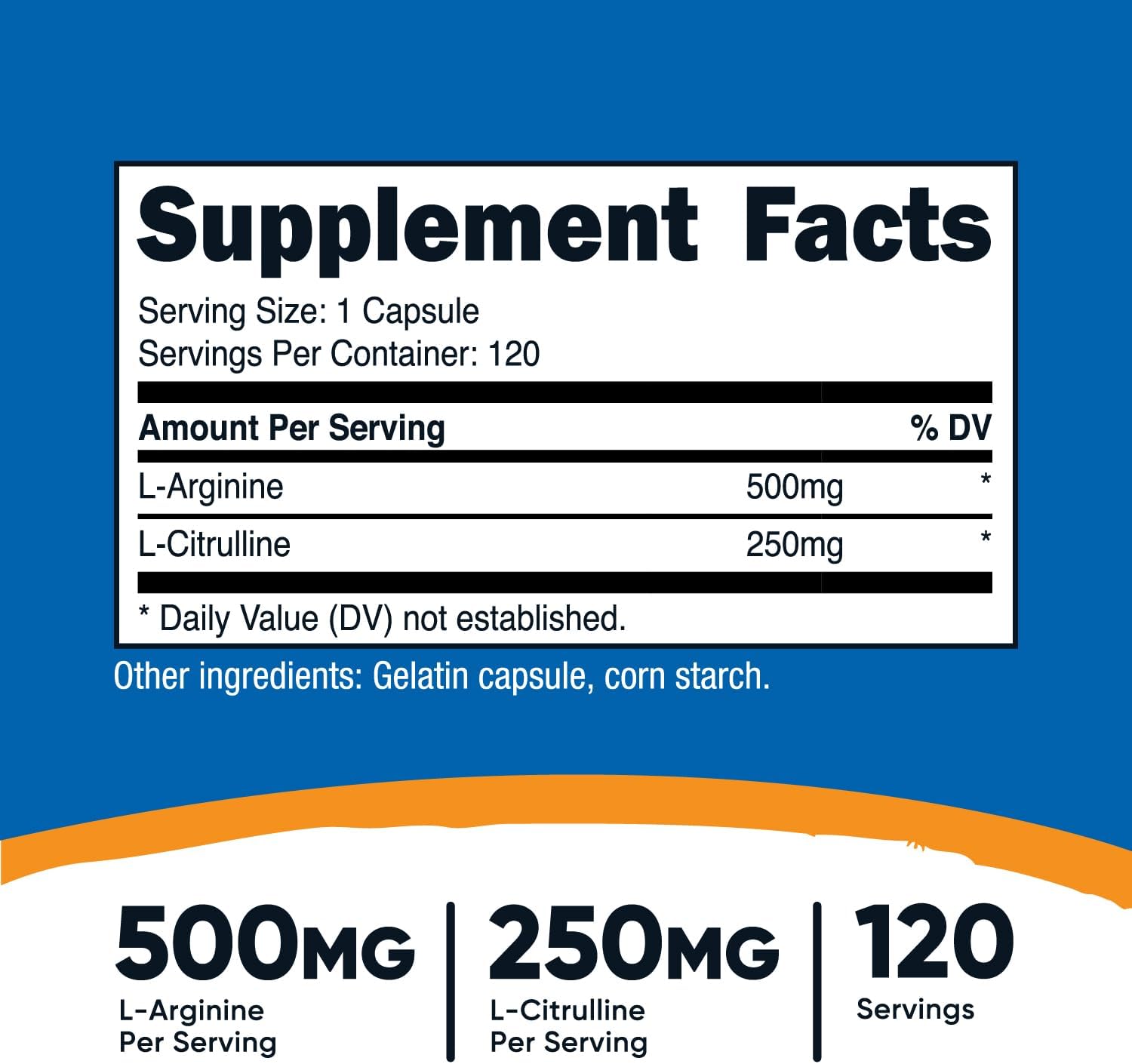 Picture of Nutricost L-Arginine L-Citrulline Complex 500mg | 250 MG -120 Capsules