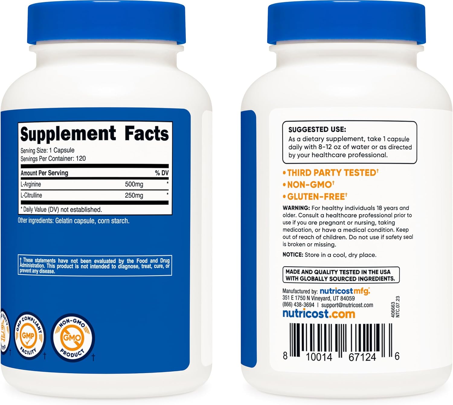 Picture of Nutricost L-Arginine L-Citrulline Complex 500mg | 250 MG -120 Capsules