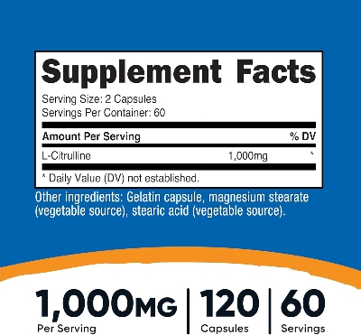 Picture of Nutricost L-Citrulline 1000mg Per Serving 60 Serv 120 Capsules