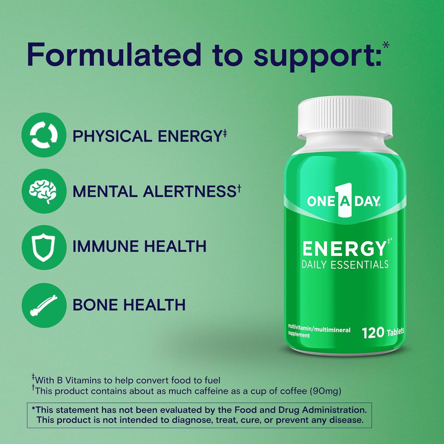 Picture of One A Day Energy Daily Essentials Multivitamin, Energy Supplement to Support Mental Alertness and Immune Health with Vitamins A C, D, E, Zinc and Caffeine 120 Count
