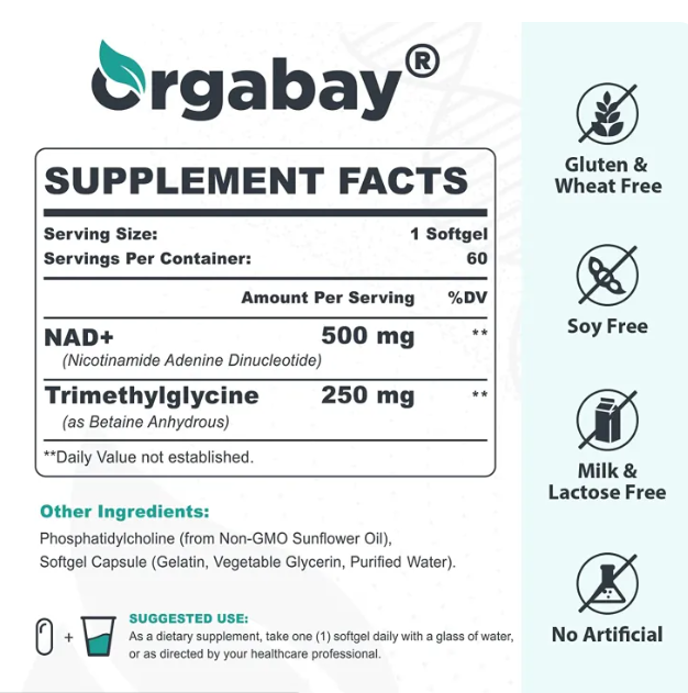 Picture of Orgabay Liposomal NAD+ Supplement 500 mg High Absorption Boost NAD+ with TMG 250 mg Actual NAD Plus More Efficient Than Nicotinamide Riboside Support Cellular Energy Healthy Aging 60 Softgels