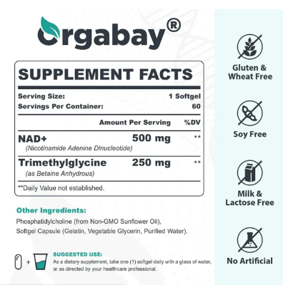 Picture of Orgabay Liposomal NAD+ Supplement 500 mg High Absorption Boost NAD+ with TMG 250 mg Actual NAD Plus More Efficient Than Nicotinamide Riboside Support Cellular Energy Healthy Aging 60 Softgels