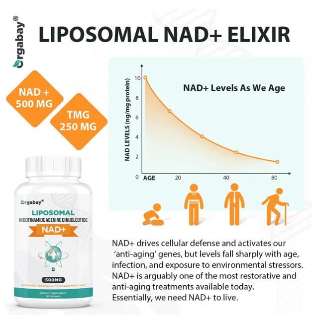 Picture of Orgabay Liposomal NAD+ Supplement 500 mg High Absorption Boost NAD+ with TMG 250 mg Actual NAD Plus More Efficient Than Nicotinamide Riboside Support Cellular Energy Healthy Aging 60 Softgels