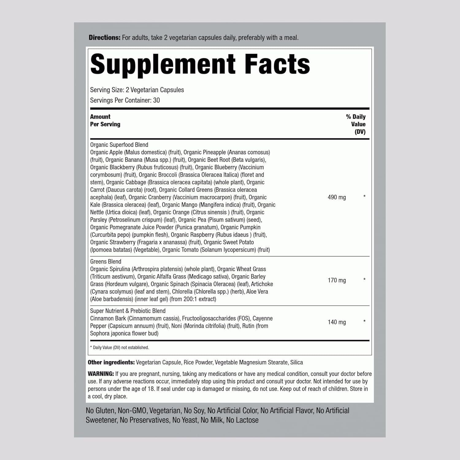 Picture of Piping Rock Fruits and Veggies Supplement | 60 Capsules | Superfood Fruit and Vegetables Vitamins | with Prebiotic Blend | Vegetarian Formula | Non-GMO, Gluten Free