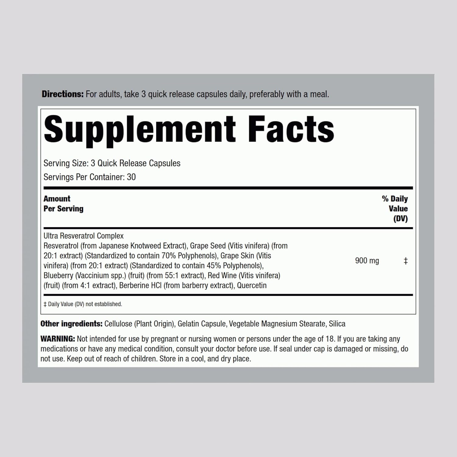 Picture of Piping Rock Resveratrol Berberine Grape Seed & Quercetin | 90 Capsules | Non-GMO Gluten Free Supplement