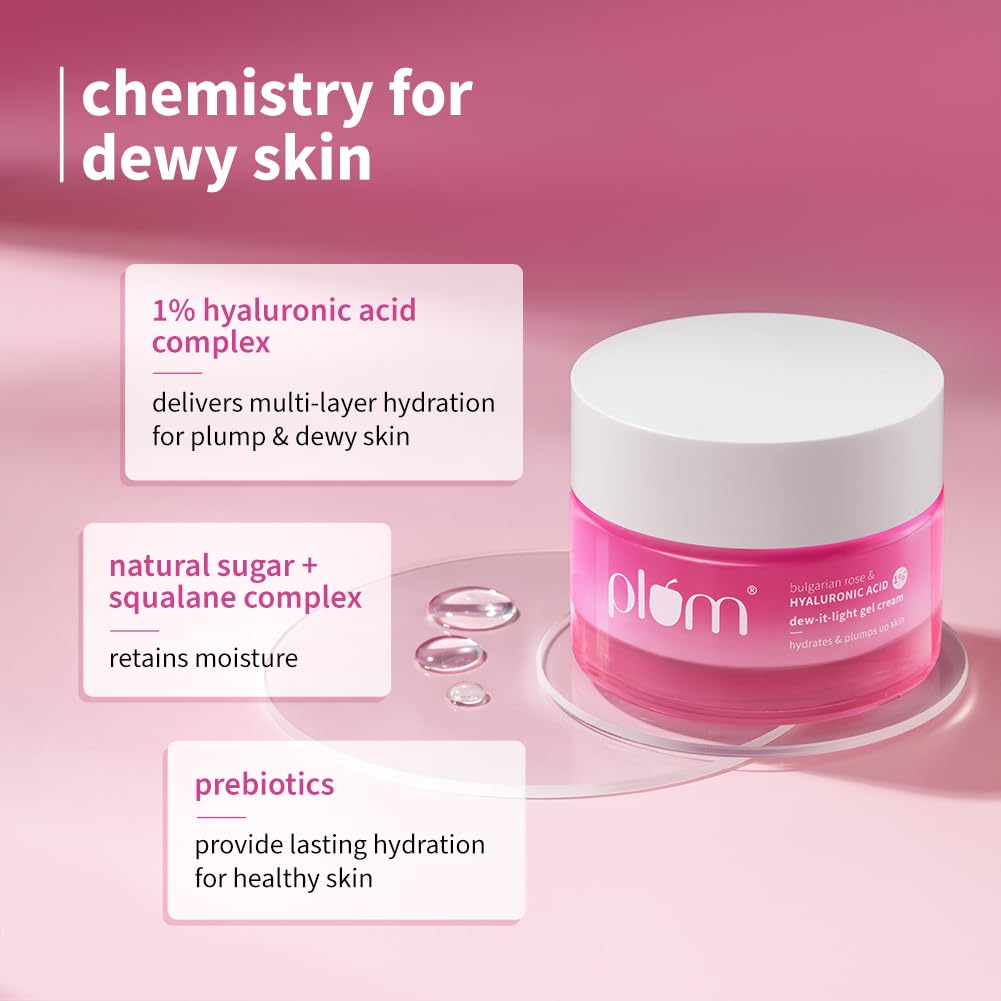 Picture of Plum 1% Hyaluronic Acid & Bulgarian Rose ​Dew-It-Light Gel Cream​ Multi-Layer Hydration Retains Moisture Light Oil-Free Face Moisturizer for Women & Men 50g