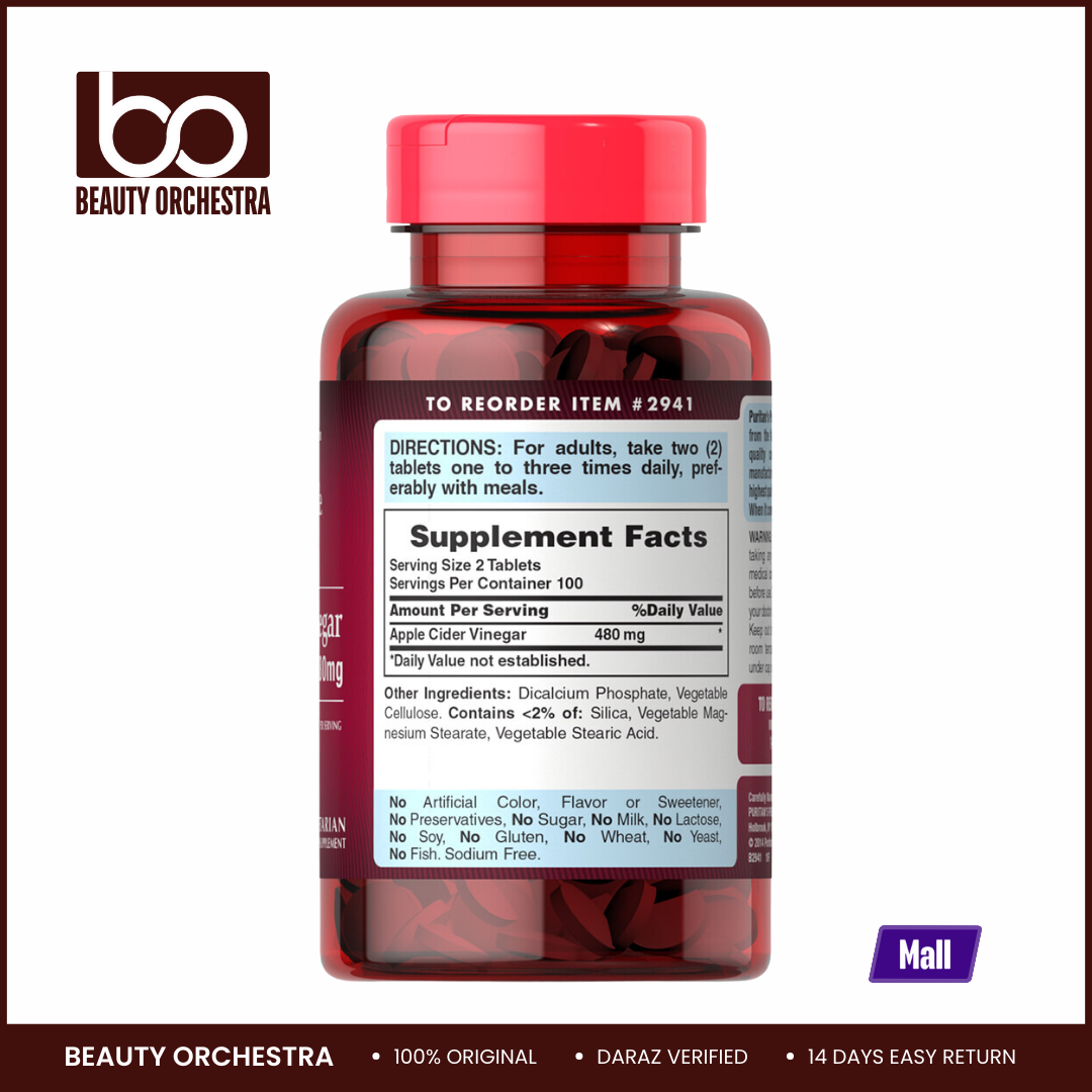 Picture of Puritan's Pride Apple Cider Vinegar 480mg - 200 Tablets