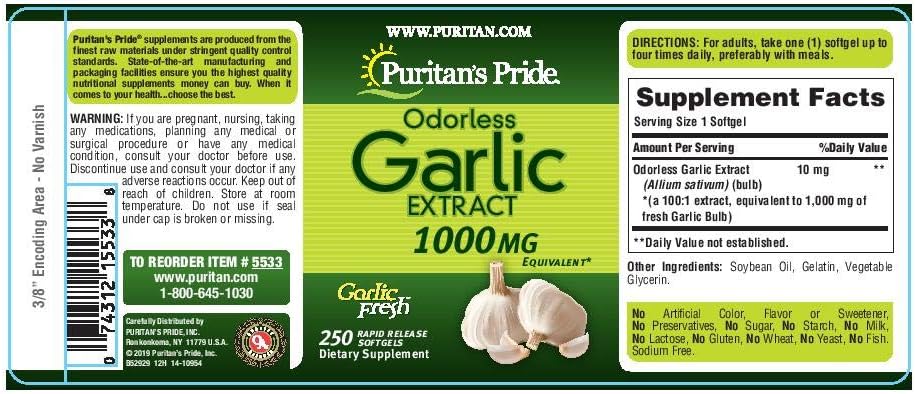 Picture of Puritan's Pride Premium Odorless Garlic Fresh (1000mg equivalent) Traditional Herb Dietary Supplement for Heart and Circulation Support with Antioxidant Properties 250 Rapid Release Softgels