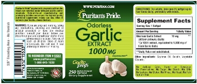 Picture of Puritan's Pride Premium Odorless Garlic Fresh (1000mg equivalent) Traditional Herb Dietary Supplement for Heart and Circulation Support with Antioxidant Properties 250 Rapid Release Softgels