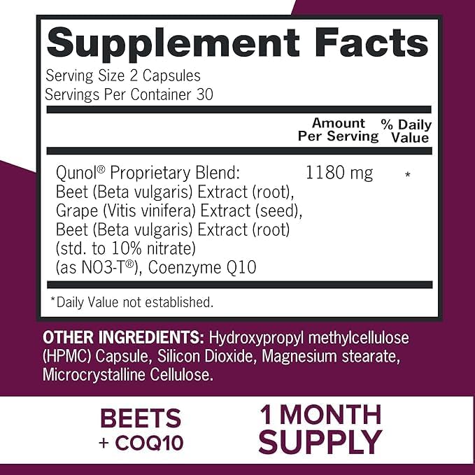 Picture of Qunol Blood Pressure Support Beets + CoQ10 + Grape Seed Extract Beet Root Capsules That Supports Healthy Blood Circulation & Heart Healthy Energy 60 Count