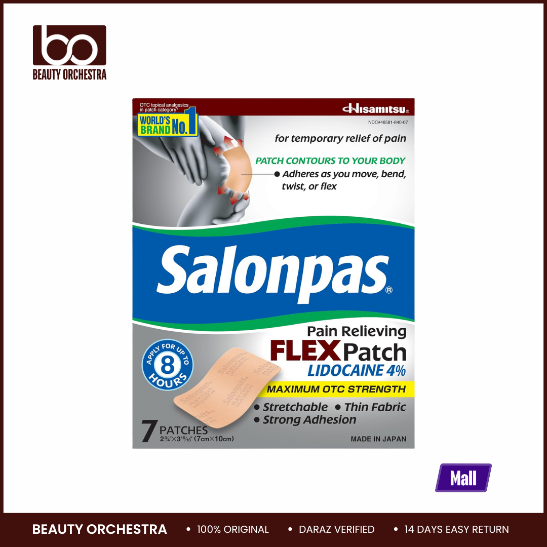 Picture of Salonpas Maximum OTC Strength Lidocaine 4% Pain Relieving Flex Patch Apply for Up to 8 Hours Unscented Thin Flexible Lightweight, Patch Stays in Place 7 Patches