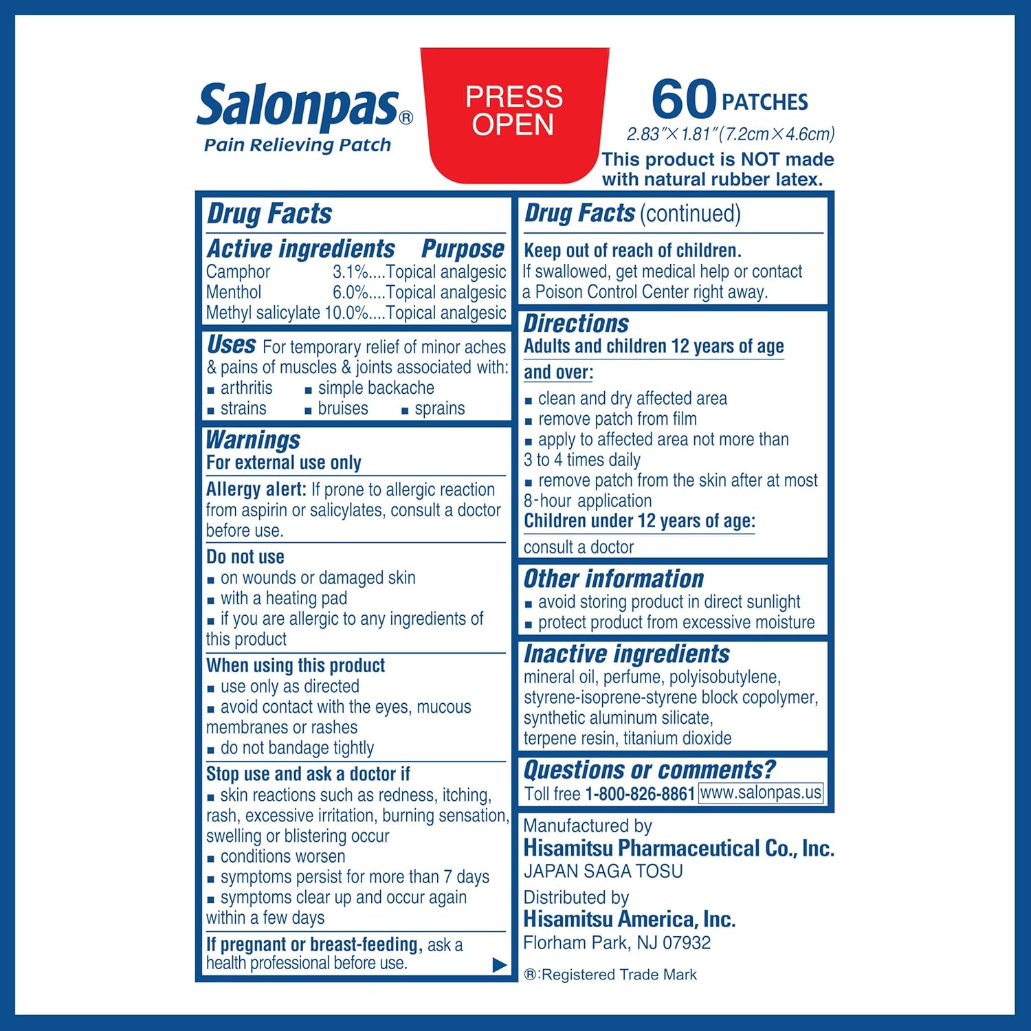 Picture of Salonpas Pain Relieving Patch for Back Neck Shoulder Knee Pain and Muscle Soreness - 8 Hour Pain Relief - 60 patches