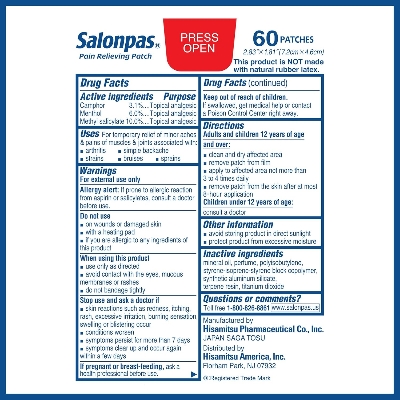 Picture of Salonpas Pain Relieving Patch for Back Neck Shoulder Knee Pain and Muscle Soreness - 8 Hour Pain Relief - 60 patches