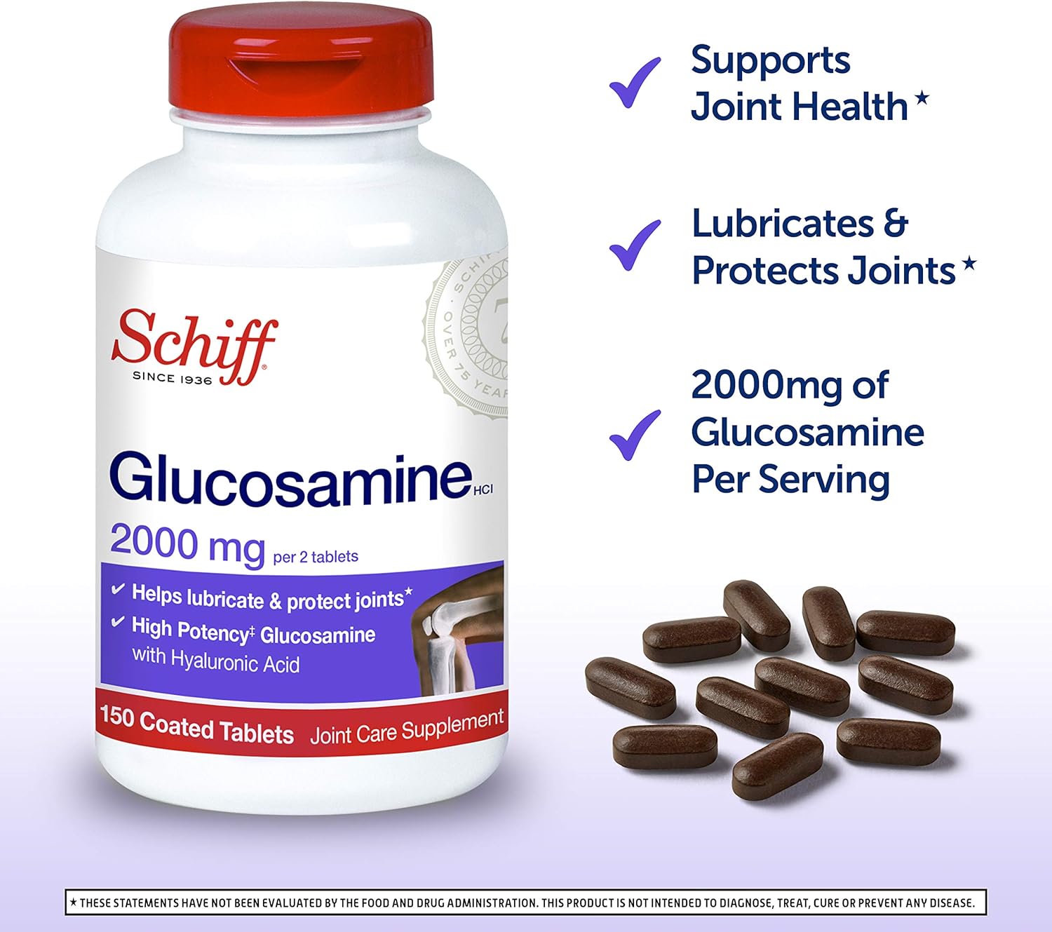 Picture of Schiff Glucosamine 2000mg (per serving) + Hyaluronic Acid Tablets (150 count in a bottle) Joint Care Supplement That Helps Support Joint Mobility & Flexibility Supports The Structure Of Cartilage