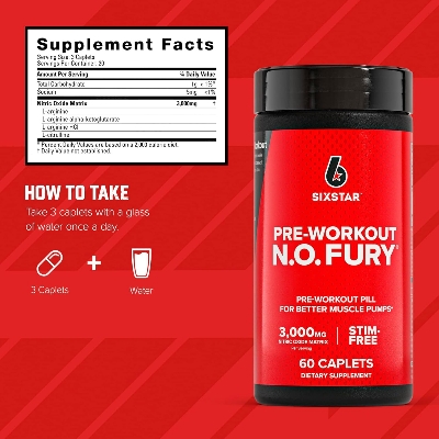 Picture of Six Star Nitric Oxide for Men & Women Muscle Builder 3000 mg 60 Caplets (Pre Workout, N.O. FURY)