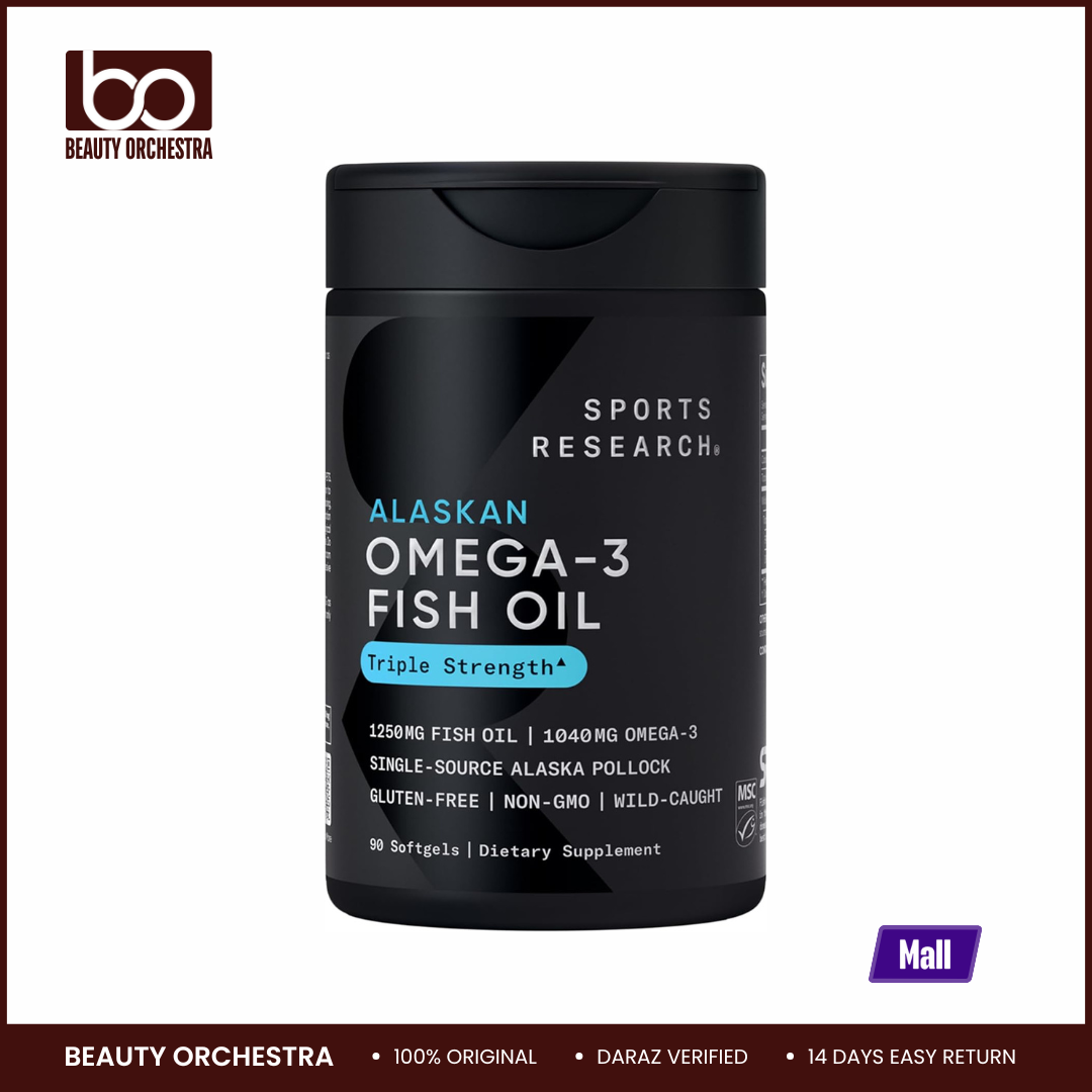 Picture of Sports Research Triple Strength Omega 3 Fish Oil - Burpless Fish Oil Supplement w/EPA & DHA Fatty Acids from Single-Source Wild Alaskan Pollock - 1250 mg 90 Softgels
