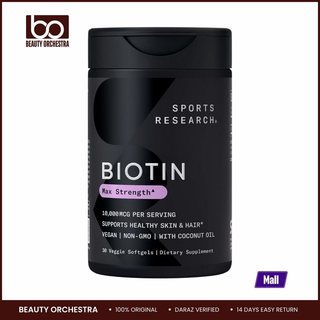 Picture of Sports Research Vegan Biotin 10,000mcg with Organic Coconut Oil - Max Strength Biotin Vitamin B7 for Healthier Hair & Skin and Keratin Support - Non-GMO & Gluten Free 30 Softgels