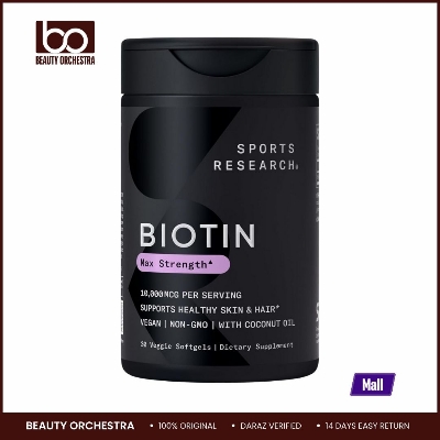 Picture of Sports Research Vegan Biotin 10,000mcg with Organic Coconut Oil - Max Strength Biotin Vitamin B7 for Healthier Hair & Skin and Keratin Support - Non-GMO & Gluten Free 30 Softgels