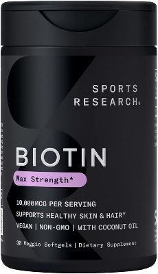 Picture of Sports Research Vegan Biotin 10,000mcg with Organic Coconut Oil - Max Strength Biotin Vitamin B7 for Healthier Hair & Skin and Keratin Support - Non-GMO & Gluten Free 30 Softgels