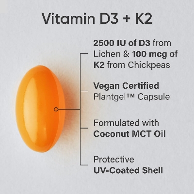 Picture of Sports Research® Vitamin D3 + K2 with Coconut MCT Oil Vegan D3 2500iu (62.5mcg - 2500iu) & Plant Based Vitamin K2 Supplement - 60 Softgels
