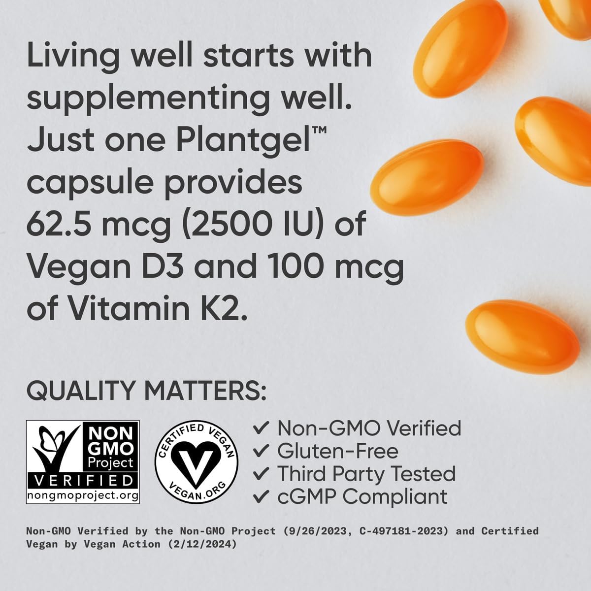 Picture of Sports Research® Vitamin D3 + K2 with Coconut MCT Oil Vegan D3 2500iu (62.5mcg - 2500iu) & Plant Based Vitamin K2 Supplement - 60 Softgels