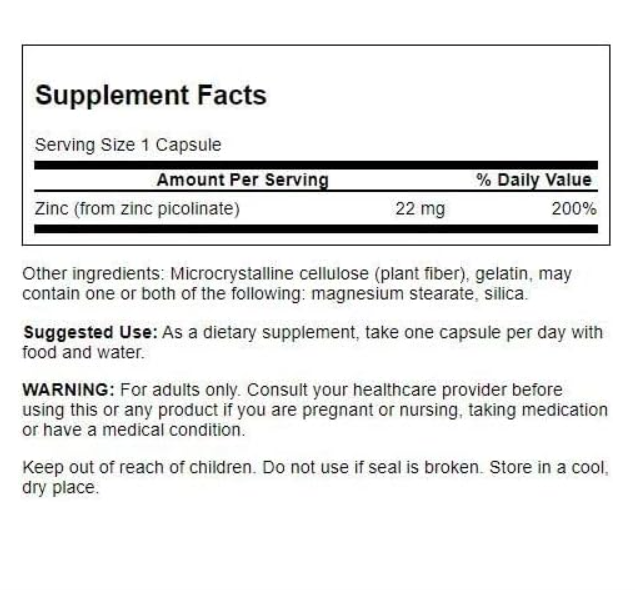 Picture of Swanson Zinc Picolinate - Mineral Supplement Promoting Prostate Health, Vision Health, & Immune Support - Body Preferred Form of Chelated Zinc - (60 Capsules, 22mg Each)