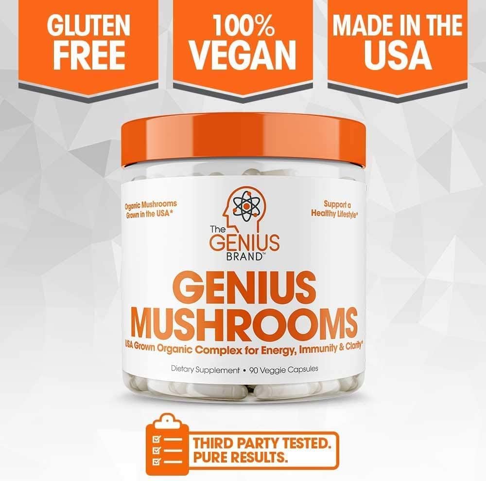 Picture of The Genius Mushroom Supplement - Lions Mane, Cordyceps, Reishi - Brain Nootropic for Energy, Focus, Overall Wellness, & Immune Support - 90 Capsules