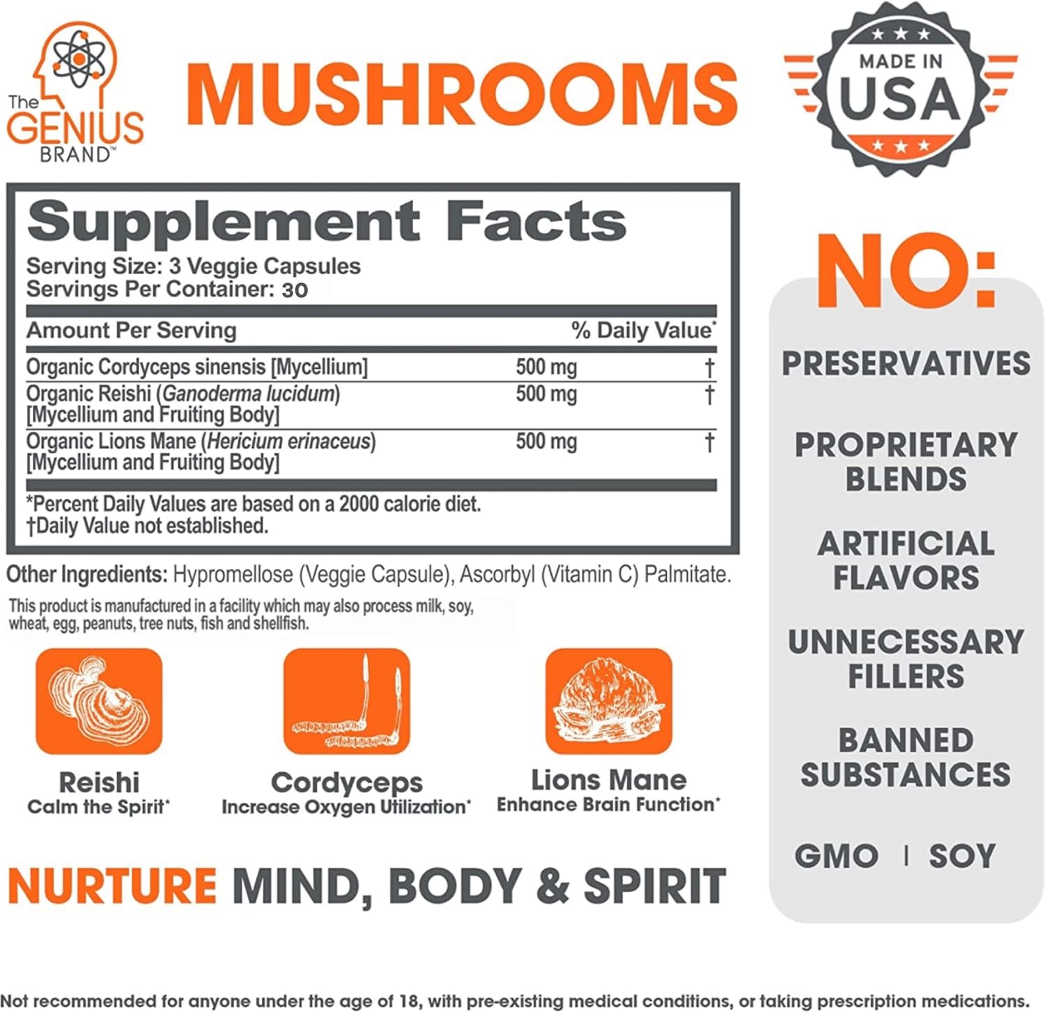 Picture of The Genius Mushroom Supplement - Lions Mane, Cordyceps, Reishi - Brain Nootropic for Energy, Focus, Overall Wellness, & Immune Support - 90 Capsules