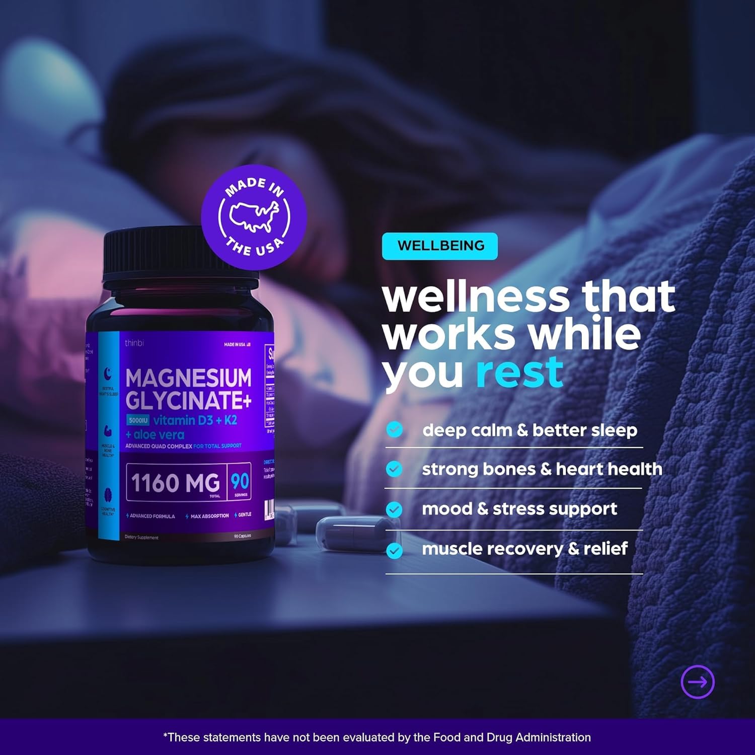 Picture of Thinbi Magnesium Glycinate 1160mg + Aloe Vera, D3 & K2 Complex 90 Capsules – High Absorption, Non-Laxative – Supports Healthy Stress Response, Muscle Function & Healthy Metabolism Chelated Formula