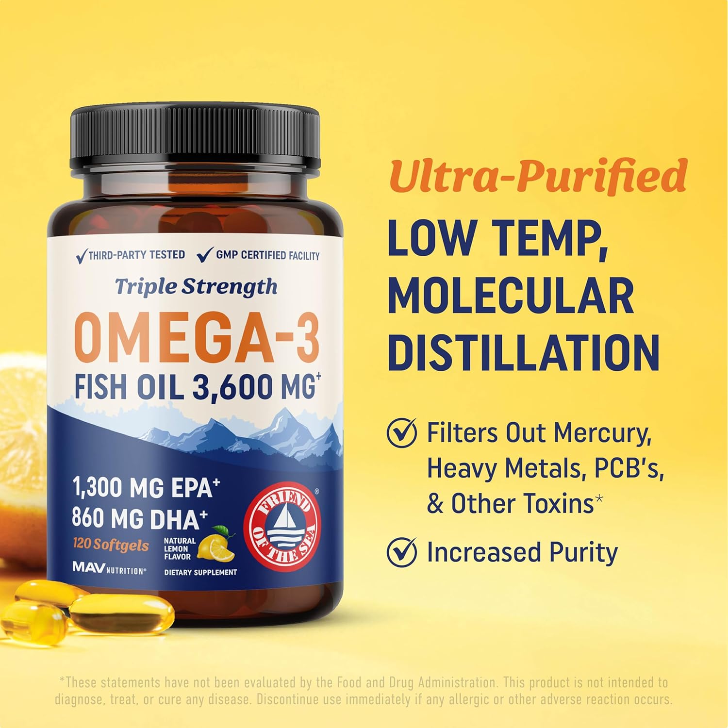 Picture of Triple Strength Omega 3 Fish Oil 3600 mg by MAV Nutrition | EPA & DHA | Over 2100mg Omega-3 Fatty Acids | 1300mg EPA + 860mg DHA | Best Essential Fatty Acids | Premium Wild Caught & Burpless Fish Oil | 120 Ct