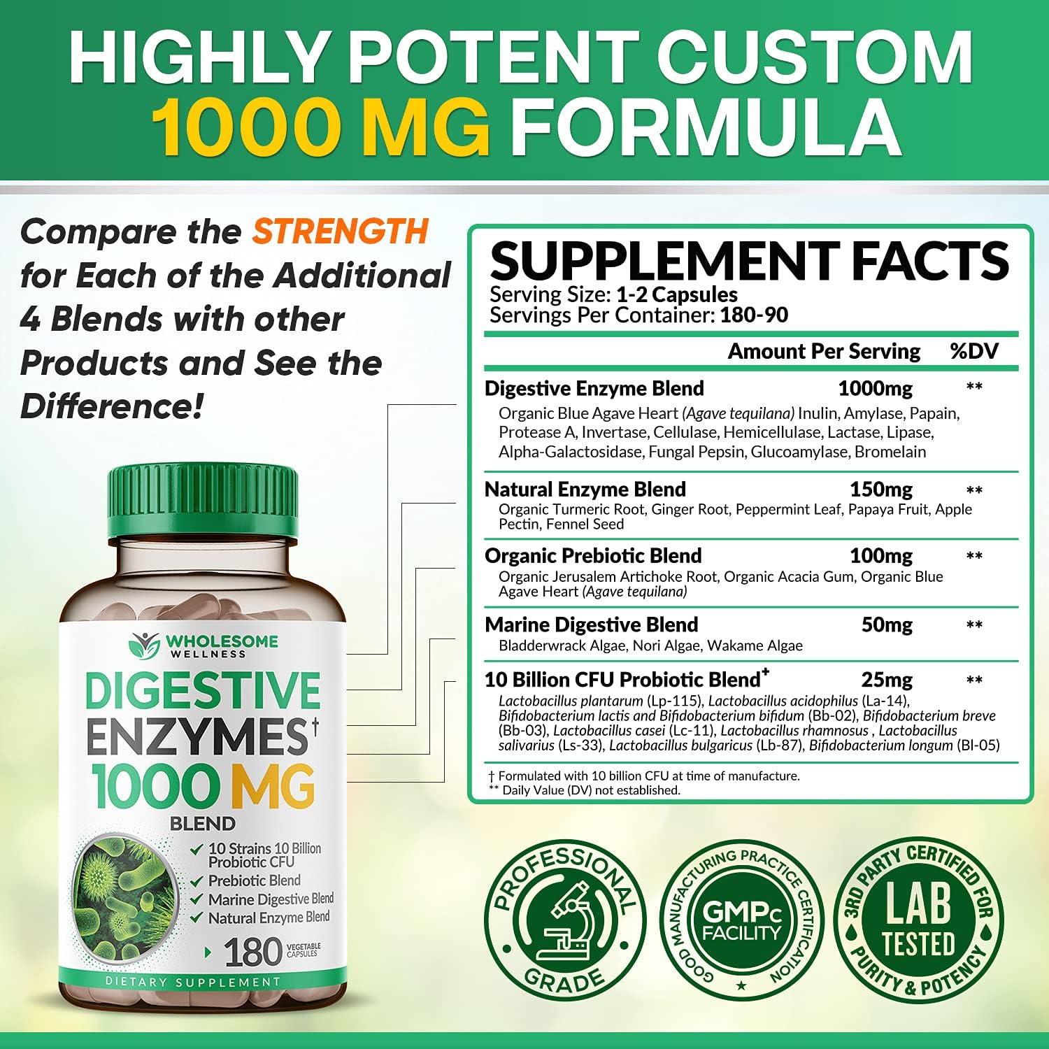 Picture of Wholesome Wellness Digestive Enzymes 1000MG Blend - 180 Capsules