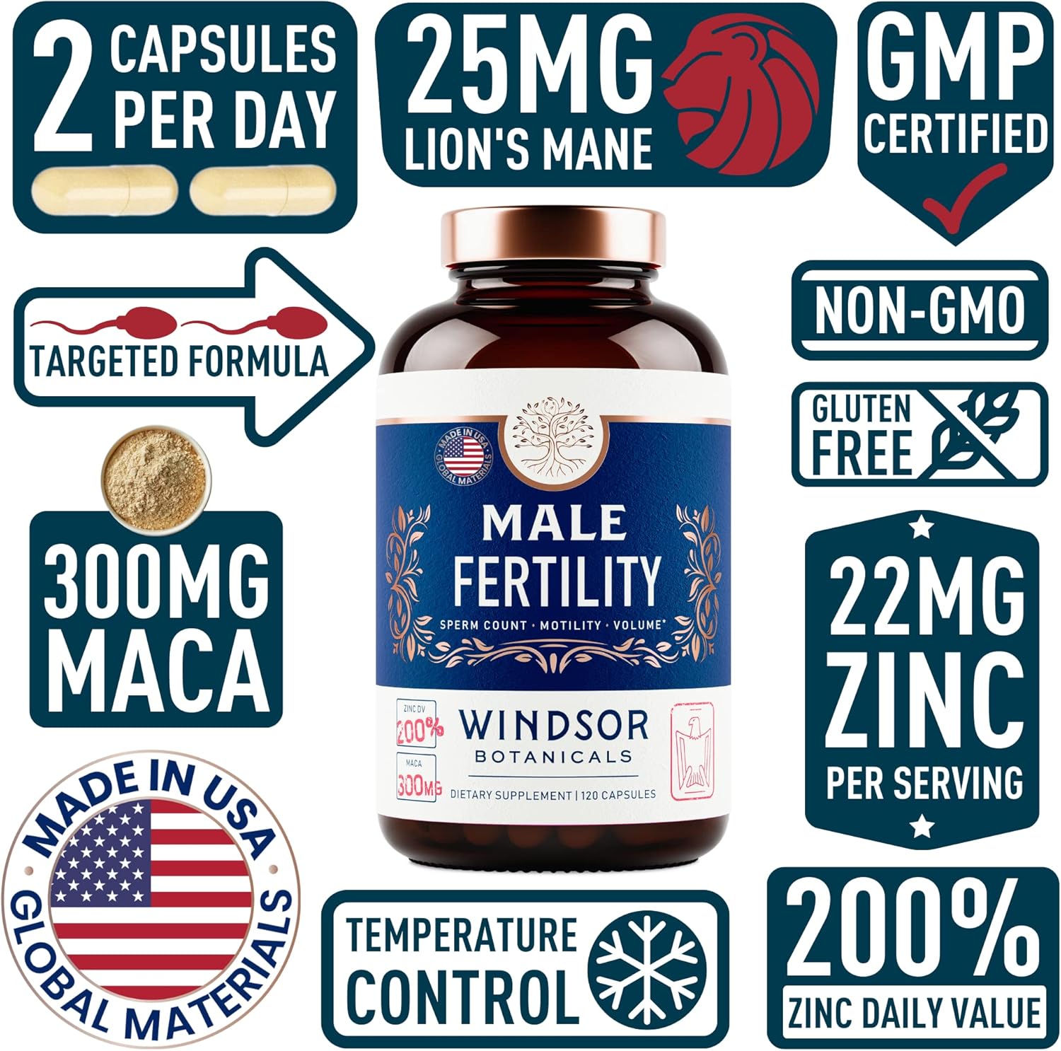 Picture of WINDSOR BOTANICALS Male Fertility Supplement with Mens Health Conception Fertility Prenatal Vitamins Plus Natural Extracts 120 Capsules