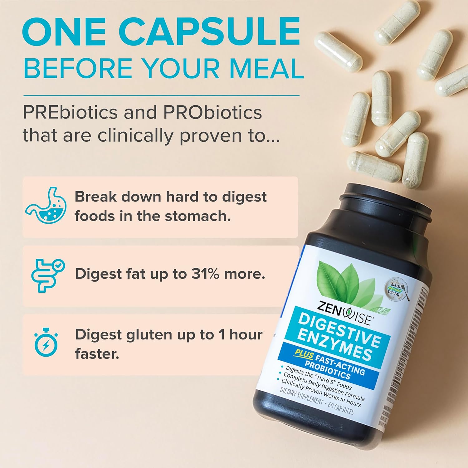 Picture of Zenwise Digestive Enzymes and Bromelain for Gut Health -  60 Capsules