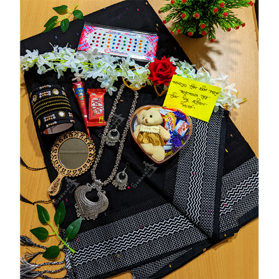 Picture of Sari Combo Gift Set - Saree Necklace Earrings Bangles Mehendi Mirror Kitkat Tip Love Chocolate Box with Doll Rose Gazra Chirkut and More