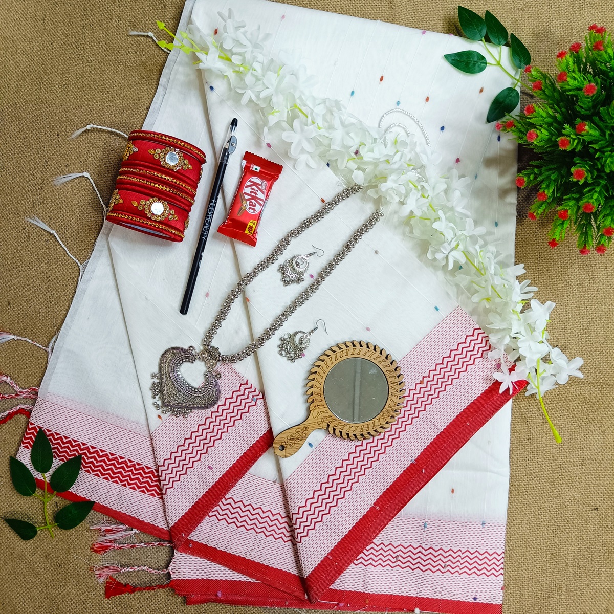 Picture of Puja Special Lal Sada Saree Combo Pack - Sari Bangles Necklace Gazra Kitkat Kazal Mirror etc