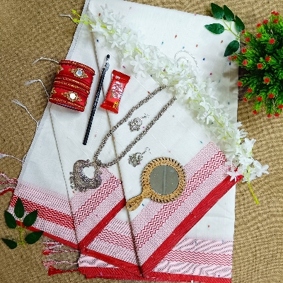 Picture of Puja Special Lal Sada Saree Combo Pack - Sari Bangles Necklace Gazra Kitkat Kazal Mirror etc