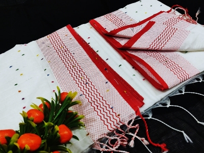 Picture of Puja Special Lal Sada Saree Combo Pack - Sari Bangles Necklace Gazra Kitkat Kazal Mirror etc