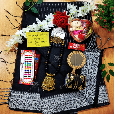 Picture of Saree Combo Gift Set - Which Contains Saree Necklace Earrings Bangles Mehedi Mirror Kitkat Tip Love Chocolate Box with Doll Rose Gazra Chirkut and More
