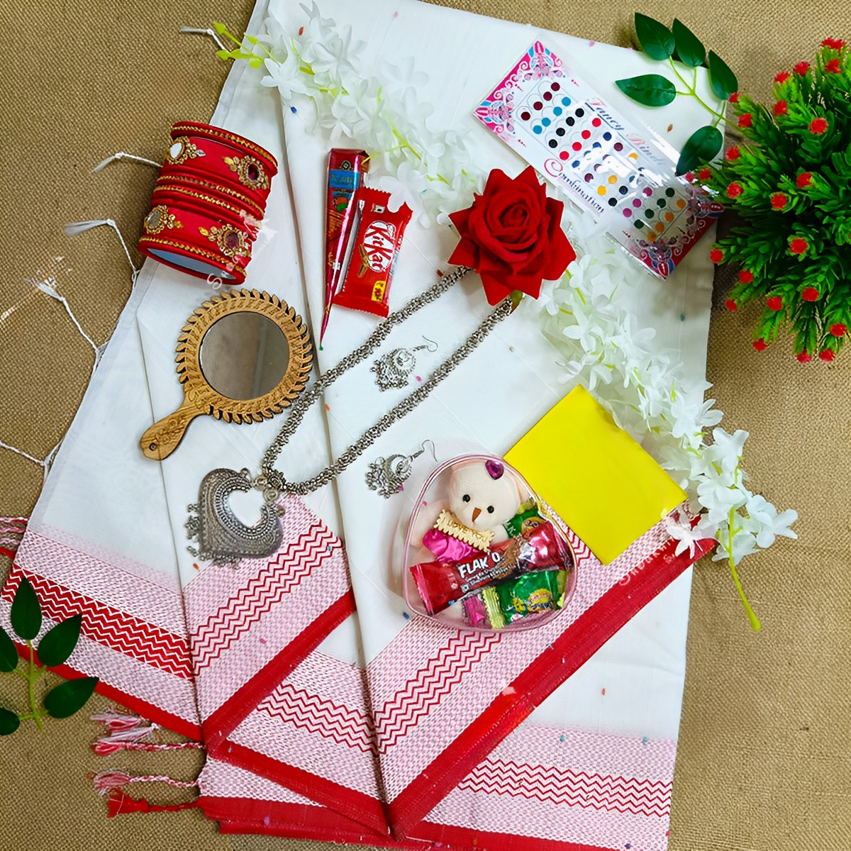 Picture of Puja Special Sari Combo Gift Set - Saree Necklace Earrings Bangles Mehedi Mirror Kitkat Tip Love Chocolate Box with Doll Rose Gazra Chirkut and More