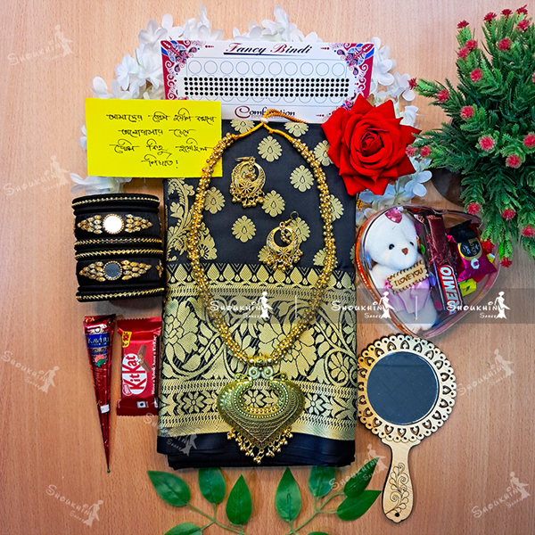 Picture of Tangail Katan Saree Combo Gift Set- Sari Churi Necklace Earrings Mirror Kitkat Mehedi Tip Golap Love Chocolate Box etc