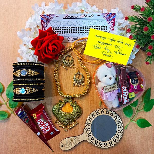 Picture of Tangail Katan Saree Combo Gift Set- Sari Churi Necklace Earrings Mirror Kitkat Mehedi Tip Golap Love Chocolate Box etc